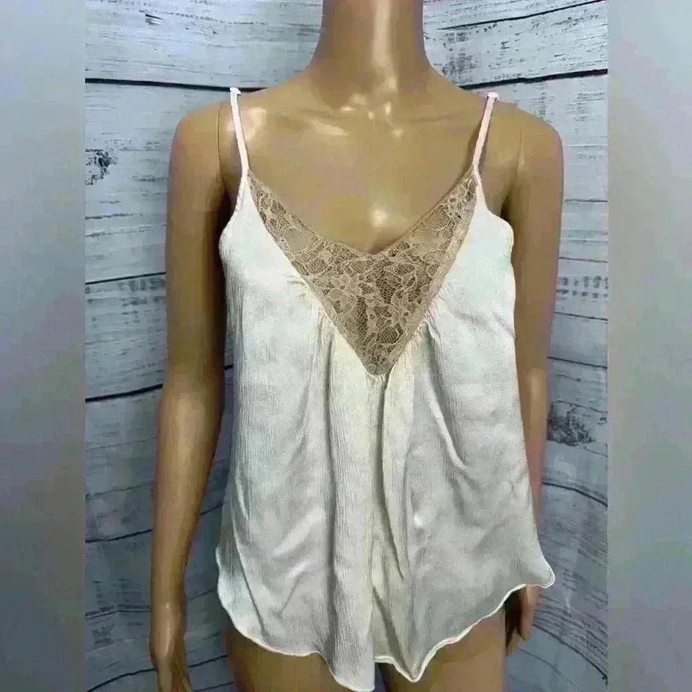 American Eagle‎ Satin Silky Cream Lace Babydoll Tank Top Sz S EUC Flowy Feminine